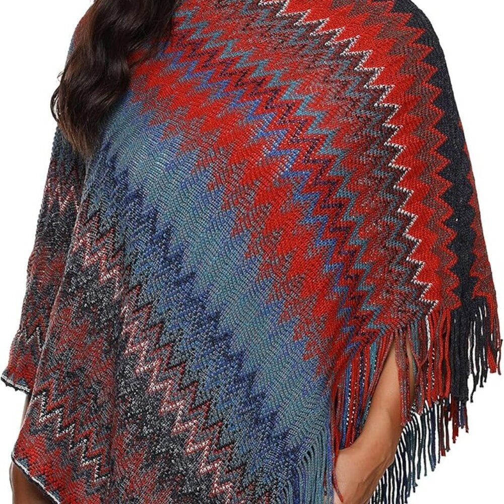 Women's Zig-Zag Knit Tassel Fringed Pullover Poncho Sweater Cape Shawl Wrap
